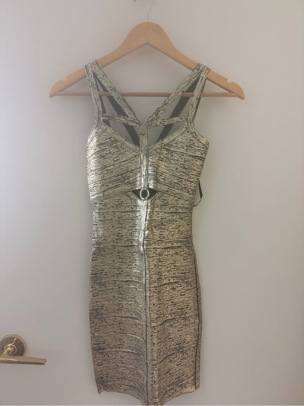 bebe Metallic Gold & Black Strappy Bodycon Dress